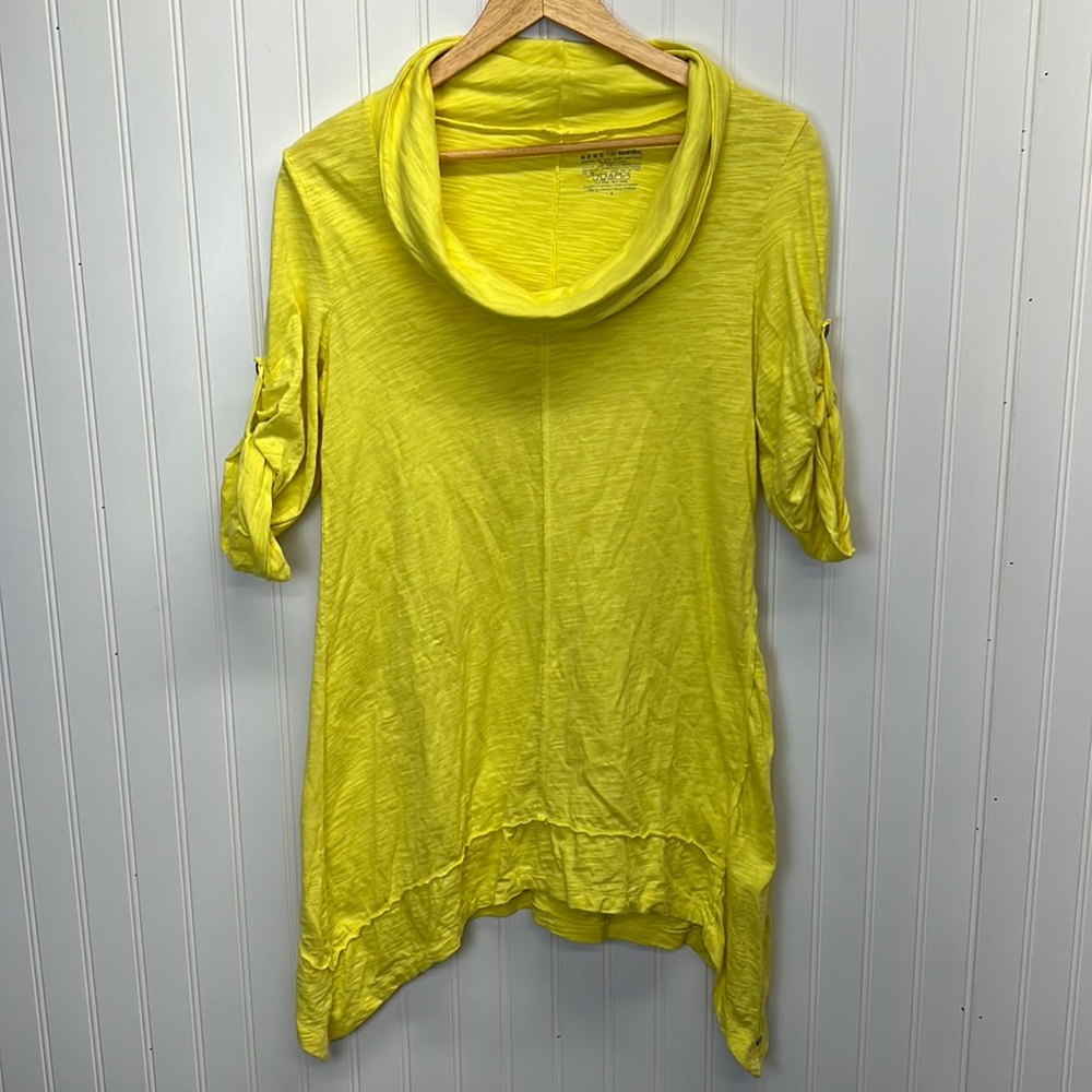 Neon Buddha Cowl Neck‎ Asymmetrical Hem 3/4 Sleeve Highlighter Yellow Tunic Sz S